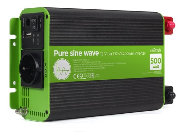 EnerGenie EG-PWC-PS500-01 - DC-AC invertteri - autoteollisuus, puhdas siniaalto - DC 12 V - 500 Watt - lähtöliittimet: 1 musta, Vihreä