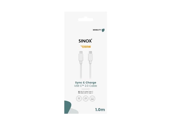 Sinox USB C-kabel. 1m. Vit