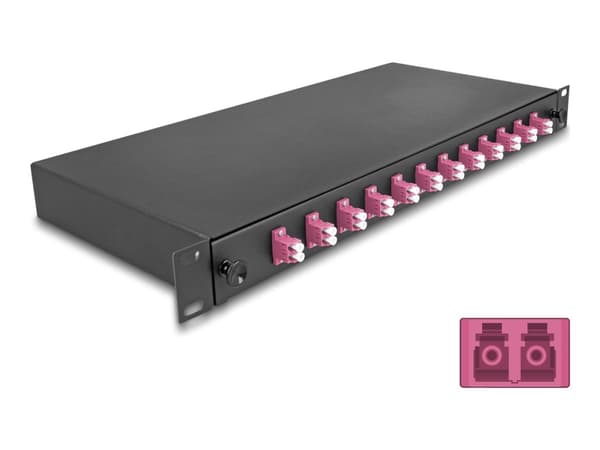 Delock 19" kuituoptinen liitosrasia 12 x LC duplex OM4 1U täysin koottuna liitosvalmiina
