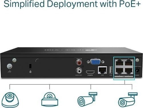 TP-Link VIGI NVR1004H-4P, 4 kanavaa, 3840 x 2160 pikseliä, 720p, 1080p, 2160p, 3840x2160,1920x1080, 1680x1050, 1440x900, 1280x1024, 1024x768, 1280x72