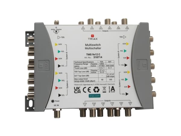 Triax 318714, 9 innganger, 12 utganger, 950 - 2200 MHz, 47 - 862 MHz, 1.0, 2.0, 15 - 20 V