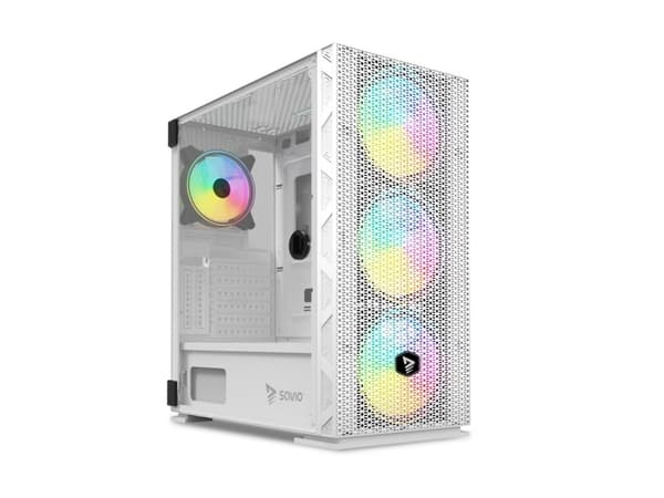 Savio Raptor White X1 ARGB Glass/Mesh White Computer Case, Midi Tower, PC, Vit, ATX, EATX, ITX, micro ATX, Nät, Stål, Härdat glas, Spela