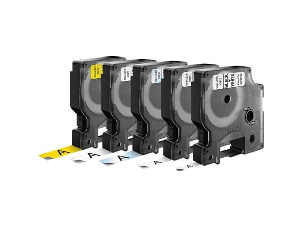 DYMO 45018 + 45013 + 45010 + 40913 + 43613 Skriftbånd Sæt med 5 stk. Båndfarve: Hvid, Gul, Transparent Skriftfarve: Sort 6 mm, 9 mm, 12 mm 7 m
