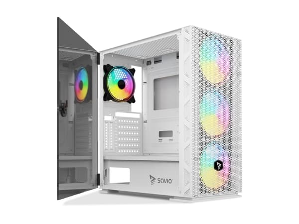 Savio Raptor White X1 ARGB Glass/Mesh White Computer Case, Midi Tower, PC, Hvit, ATX, EATX, ITX, Micro ATX, Netting, Stål, Herdet glass, Spilling