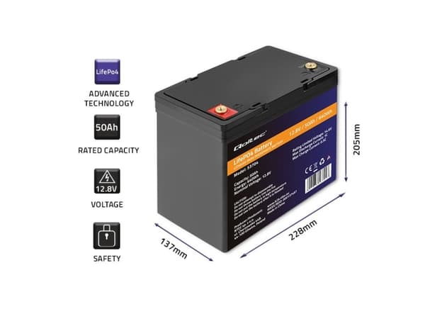 Qoltec LiFePO4 litium-rautafosfaattiakku | 12.8V | 50Ah | 640Wh| BMS | BMS