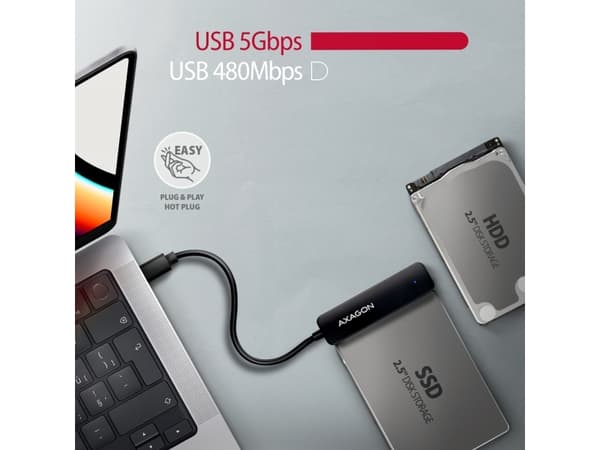 Axagon ADSA-FP2C USB-C 5Gbps - SATA 6G, 2.5 SSD/HDD SLIM adapter - Adapter - Digital/Daten, USB Type-C, SATA, Hankoppling, Svart, PC / Notebook / Tab