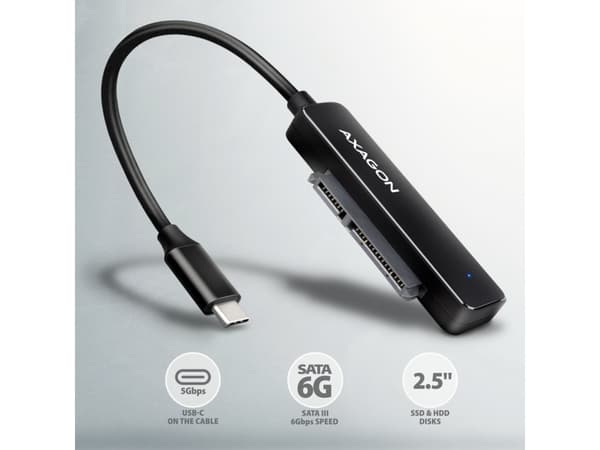 Axagon ADSA-FP2C USB-C 5Gbps - SATA 6G, 2.5 SSD/HDD SLIM adapter - Adapter - Digital/Daten, USB Type-C, SATA, Hankoppling, Svart, PC / Notebook / Tab
