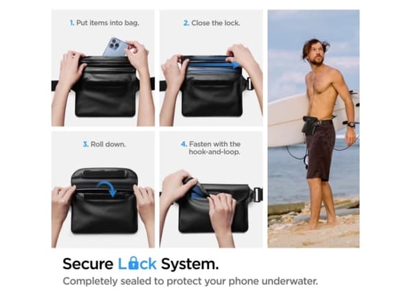 Spigen Kotelo + vedenpitävä pussi Spigen A621 Universal vedenpitävä kotelo &amp; vyötärölaukku Musta