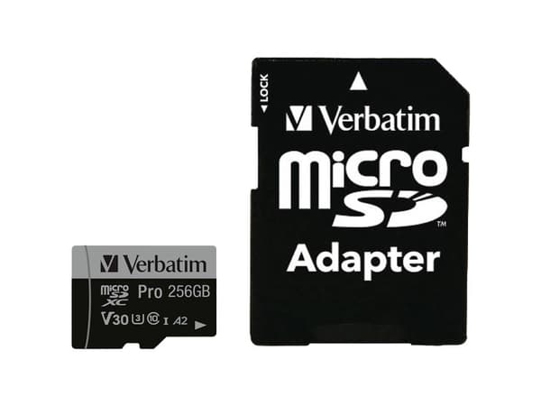 Verbatim PRO U3 - Flashminnekort (microSDXC til SD-adapter inkludert) - 256 GB - A2 / UHS-I U3 / Class10 - microSDXC UHS-I
