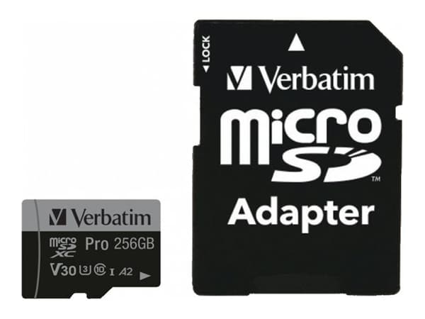 Verbatim PRO U3 - Flashminnekort (microSDXC til SD-adapter inkludert) - 256 GB - A2 / UHS-I U3 / Class10 - microSDXC UHS-I