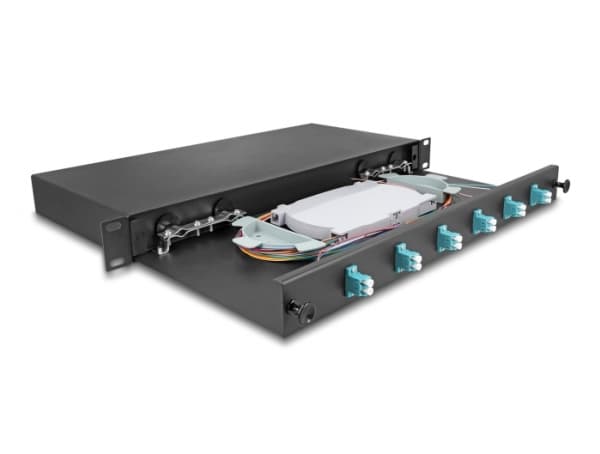 Delock - Spleiseboks for fiberoptikk - OM3, complete assembled - front - rackmonterbar - LC Duplex x 6 - svart - 1U - 19"