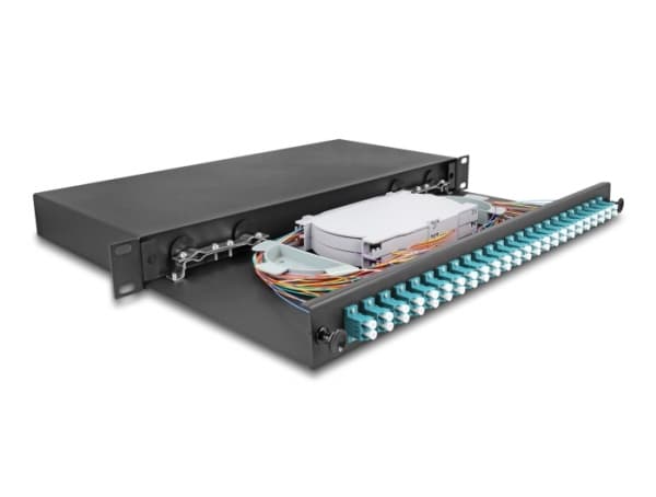 Delock - Spleiseboks for fiberoptikk - OM3, complete assembled - front - rackmonterbar - LC Duplex x 24 - svart - 1U - 19"
