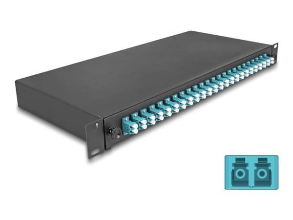 Delock - Spleiseboks for fiberoptikk - OM3, complete assembled - front - rackmonterbar - LC Duplex x 24 - svart - 1U - 19"