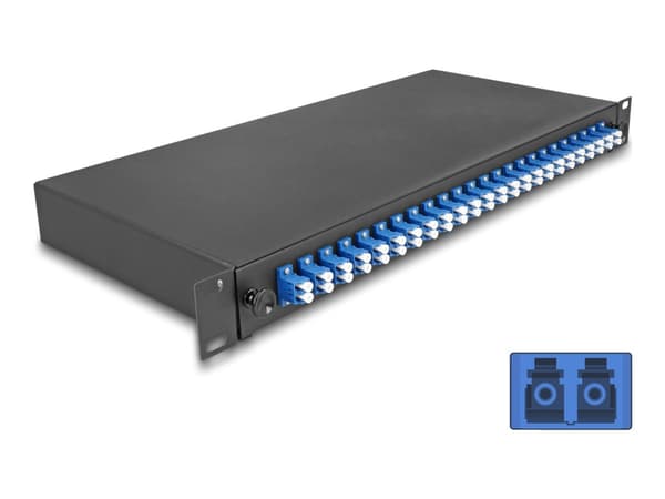 Delock - Spleiseboks for fiberoptikk - OS2, complete assembled - front - rackmonterbar - LC Duplex x 24 - svart - 1U - 19"