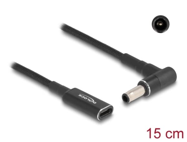 Delock - Strømadapter - 24 pin USB-C (hunn) til 5,5 x 3,0 mm DC-jakk (hann) vinklet - 19.5 V - 3 A - 15 cm - svart
