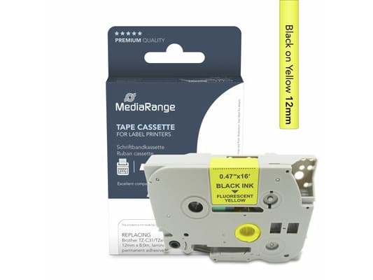 MEDIARANGE kirjoitusteippikasetti musta signaalin keltaisella 5m x 12mm 5m x 12mm