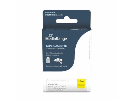 MEDIARANGE kirjoitusteippikasetti musta signaalin keltaisella 5m x 12mm 5m x 12mm