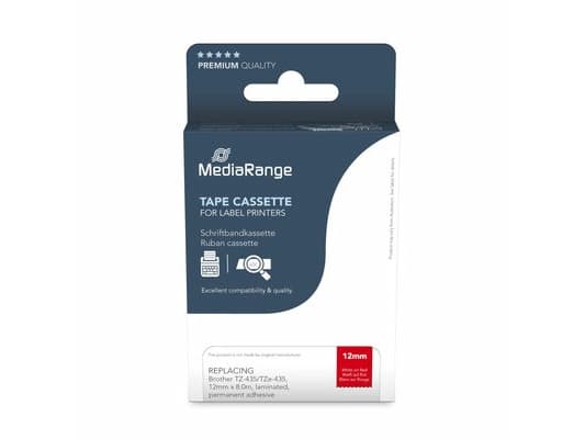 MEDIARANGE tapekassett hvit på rød 8m x 12mm - tape