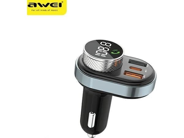 AWEI handsfree C-843 med FM-sender, Bluetooth 5.0, MP3, 1xUSB+1xUSB-C svart/svart