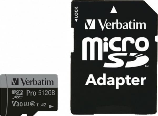Verbatim PRO U3 - Flashminnekort (microSDXC til SD-adapter inkludert) - 512 GB - A2 / UHS-I U3 / Class10 - microSDXC UHS-I
