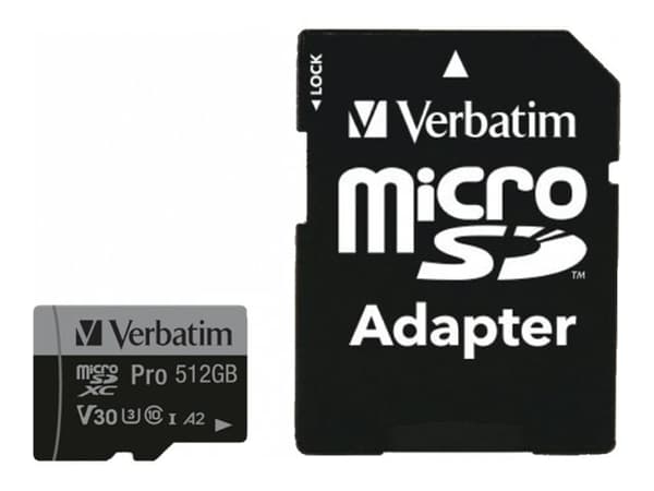 Verbatim PRO U3 - Flashminnekort (microSDXC til SD-adapter inkludert) - 512 GB - A2 / UHS-I U3 / Class10 - microSDXC UHS-I