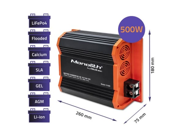 Qoltec Monolith DC-DC-laturi 12 V LiFePO4 AGM-akuille - 12V | 40A | 500W