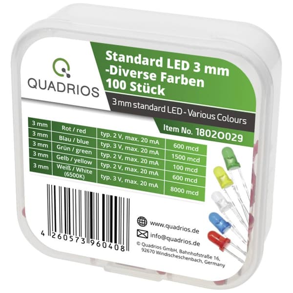 Quadrios LED sortiment Flerfärgad 3 mm 20 mA 2 V, 3 V