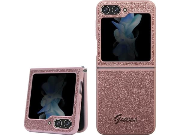 Guess tapauksessa Samsung Z Flip5 GUHCZF5HGGSHP vaaleanpunainen HC PU/TPU Glitter Script
