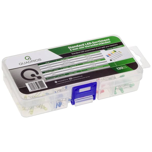 Quadrios LED sortiment Röd, Grön, Gul, Blå, Kallvit, Varmvit 3 mm 20 mA 2 V, 3 V