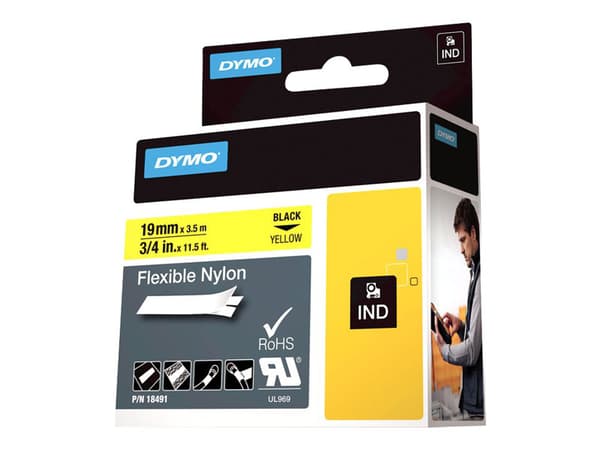 DYMO - Nylon - musta keltaisella - Rulla (1,9 cm x 3,5 m) 1 kasetti joustava teippi - Rhino 4200, 6000, 6000 kovakotelosarjalle; RhinoPRO 5000