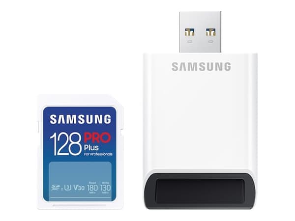 Samsung PRO Plus MB-SD128SB - Flashminnekort - 128 GB - Video Class V30 / UHS-I U3 / Class10 - SDXC UHS-I - hvit