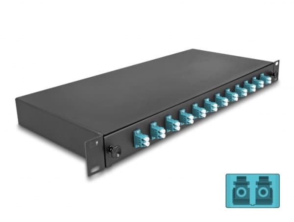 Delock - Spleiseboks for fiberoptikk - OM3, complete assembled - front - rackmonterbar - LC Duplex x12 - svart - 1U - 19"