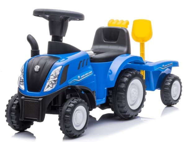New Holland T7 kävelytraktori perävaunulla ja työkaluilla, sininen