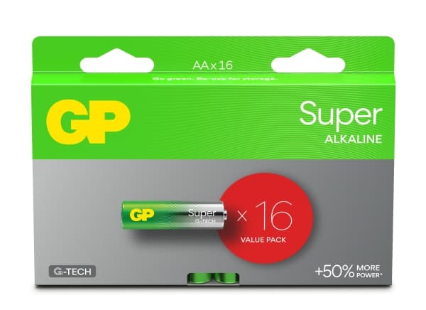 GP Batteries Super Alkaline GP15A, Engangsbatteri, AA, Alkalinsk, 1,5 V, 16 stykker, Cd (kadmium), Hg (kvikksølv)