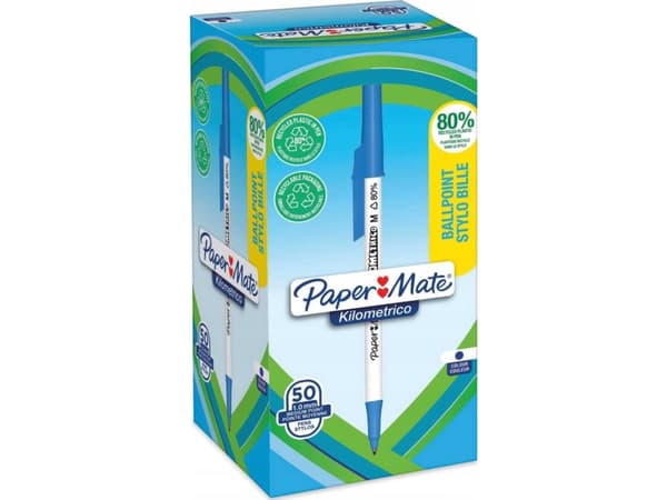 PAPER MATE Kilometrico Resirkulert M Blå kulepenn Pakke med 50 stk sammenleggbar boks