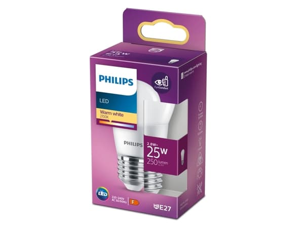 Philips - LED-lyspære - form: P45 - mattslipt finish - E27 - 2.8 W (ekvivalent 25 W) - klasse F - varmt hvitt lys - 2700 K