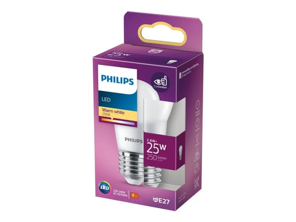 Philips - LED-lyspære - form: P45 - mattslipt finish - E27 - 2.8 W (ekvivalent 25 W) - klasse F - varmt hvitt lys - 2700 K