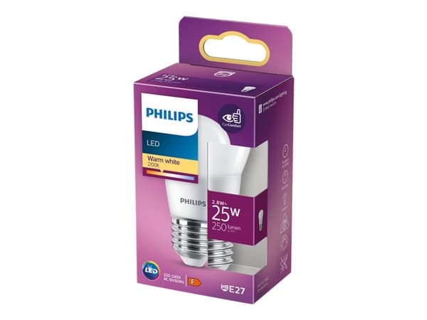 Philips - LED-lyspære - form: P45 - mattslipt finish - E27 - 2.8 W (ekvivalent 25 W) - klasse F - varmt hvitt lys - 2700 K