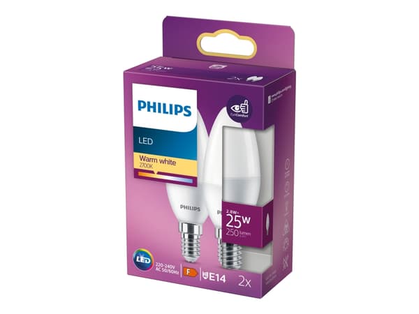 Philips - LED-glödlampa - form: B35 - glaserad finish - E14 - 2.8 W (motsvarande 25 W) - klass F - varmt vitt ljus - 2700 K (paket om 2)