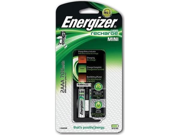 Energizer Mini Charger, Nikkelimetallihybridi (NiMH), Ylivaraus, AA, AAA, 2 kpl, Sisältää paristot