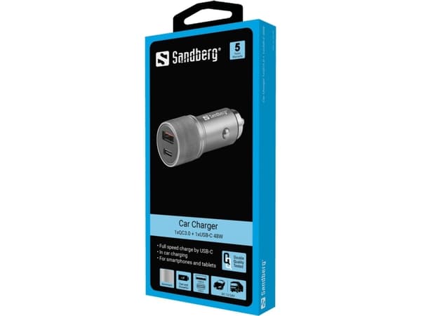 Sandberg - Bilstrømadapter - 48 watt - 3 A - QC 3.0 - 2 utgangskontakter (USB, 24 pin USB-C)