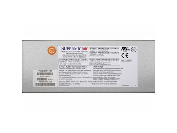 Supermicro PWS-920P-1R2, 920 W, 100 - 240 V, 50 - 60 Hz, 11 A, 5.5 A, Aktiv