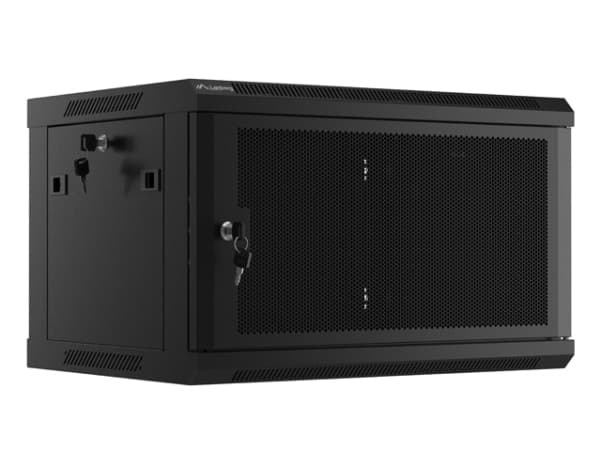 19" 6U 600X450 SEINÄKIINNITTEINEN TELINEASENNUSKAAPPI MUSTA REI'ITETTY OVI LANBERG (FLAT PACK)