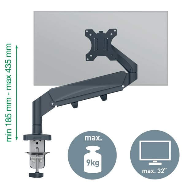 Leitz Ergo - Monteringssats (spring-assisted single arm) - för LCD-display - space saving - metall - mörkgrå - skärmstorlek: 17"-32"