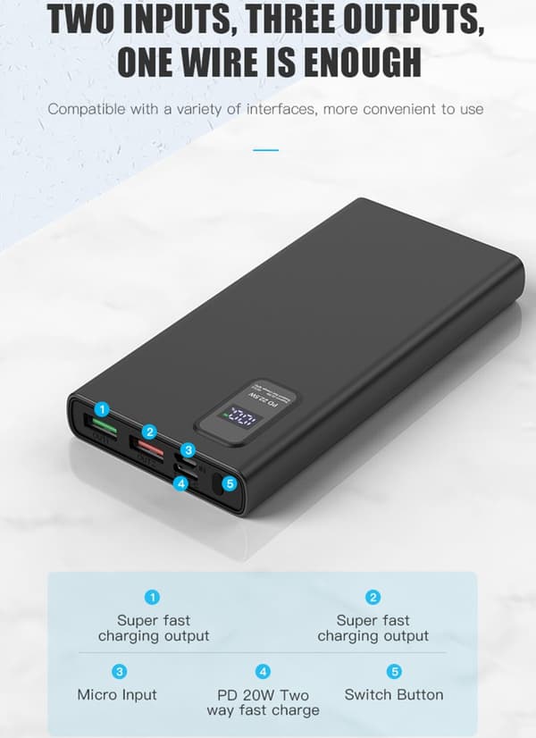 Platinet power bank 10000mAh PD QC LED, white