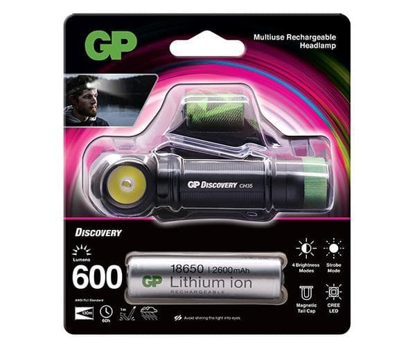 GP Discovery Rechargeable Multi-Purpose Headlamp and Flashlight, CHR35, 600 lumens Sort, Grøn