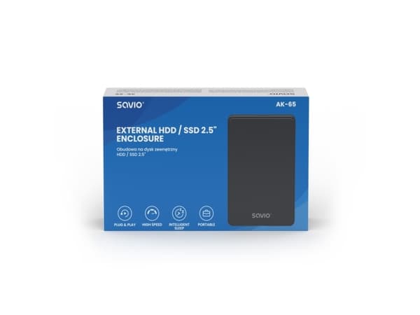 Savio AK-65, HDD/SSD-kabinett, 2.5", SATA, Serial ATA II, Serial ATA III, USB-tilkobling, Sort
