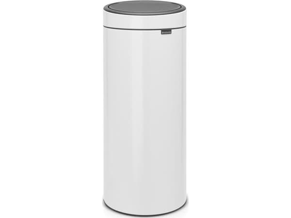 Brabantia Touch Bin, 30L, 30 L, Round, Plastic, Stainless steel, White, Manual, Stainless steel