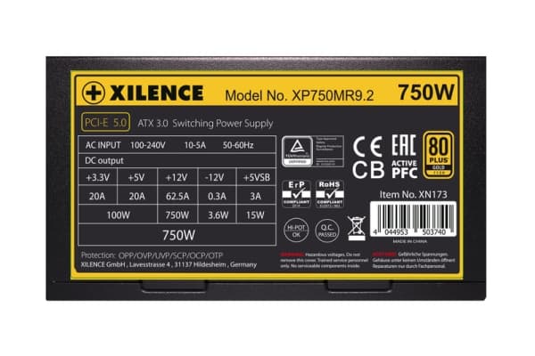 Xilence Performance X Series XP750MR9.2, 750 W, 100 - 240 V, Active, 20 A, 62.5 A, 20 A