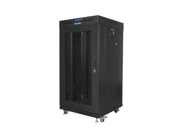 Lanberg FF01 series - Rack skåp - 600 x 600, platt paket, med nätdörr, V2 - med 2 kylfläktar, termostat, LCD-skärm - fristående, golvstående - svart,